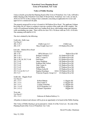 Planning Board Public Hearing Notice for 148 Hudson River Road